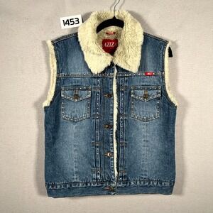 Aziza Jeans Denim Vest Womens Large Blue Faux Fur Lined Collar Logo Rhinestone